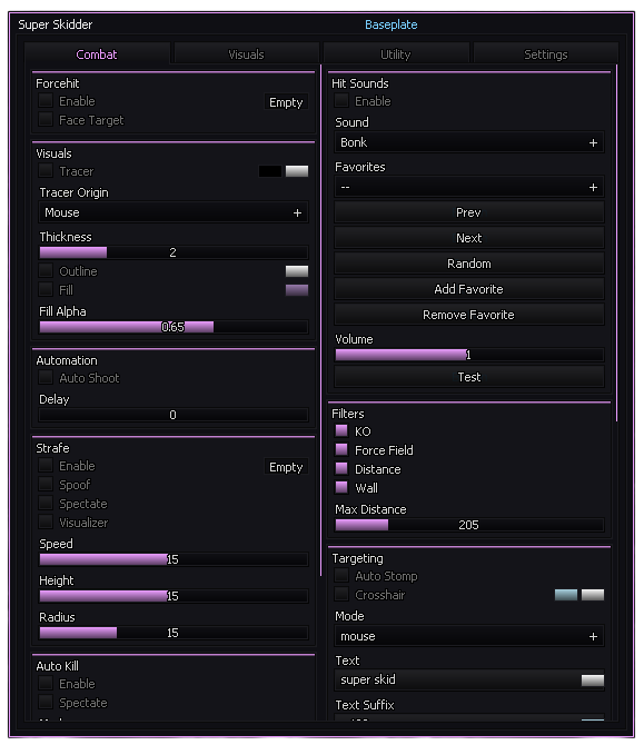 Skidder Pro script UI preview: Combat